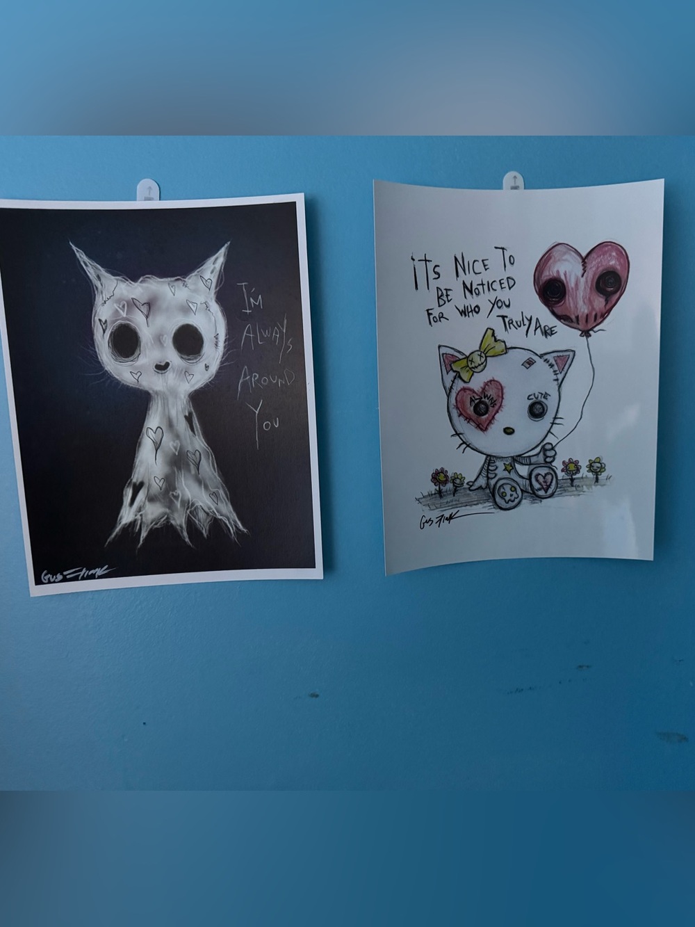 White & Pink Cat Art Print with Heart Balloon - Whimsical Wall Art